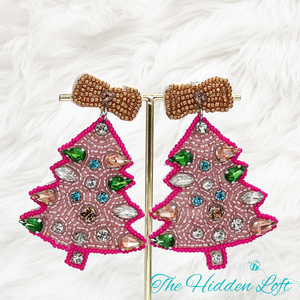 Pink Christmas Tree Beaded Earrings