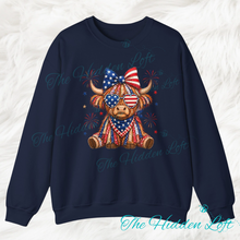 Load image into Gallery viewer, Faux Glitter Patriotic Highland Cow Sweatshirt