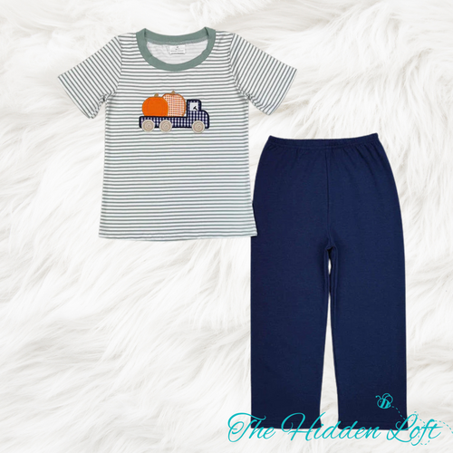 Boy’s Embroidered Pumpkin Truck Outfit