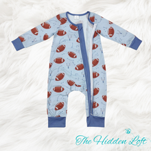 Load image into Gallery viewer, Blue Football Bamboo Baby Romper