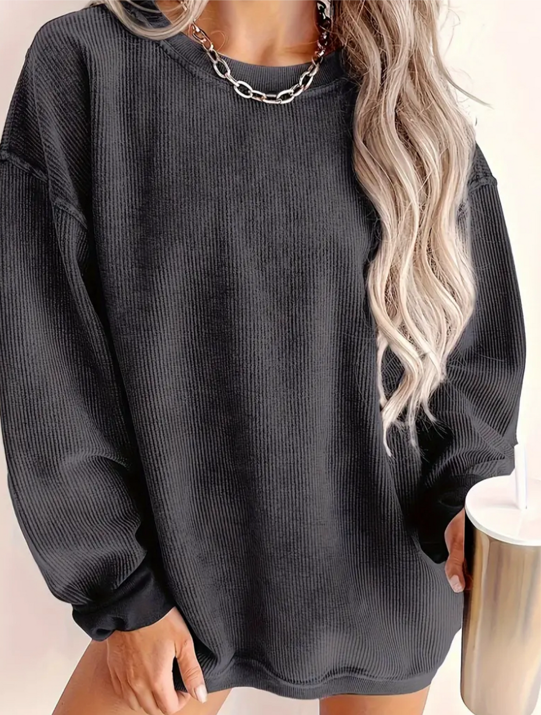 Oversized Grey Textured Long Sleeve Shirt