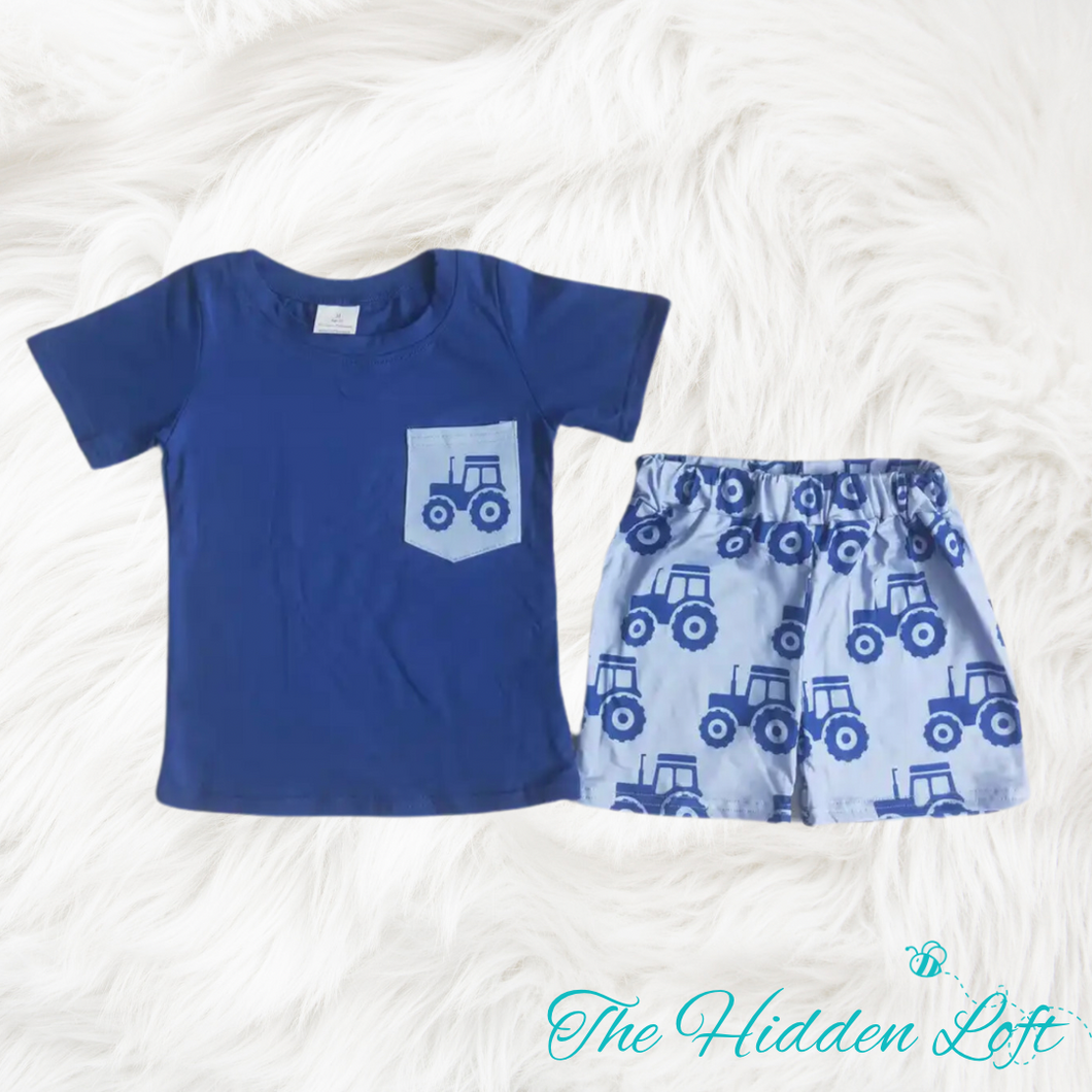 Boy’s Blue Tractor Shorts Outfit