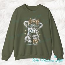 Load image into Gallery viewer, Faux Ice Coffee Highland Cow Sweatshirt