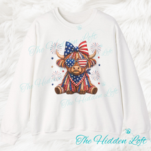 Load image into Gallery viewer, Faux Glitter Patriotic Highland Cow Sweatshirt