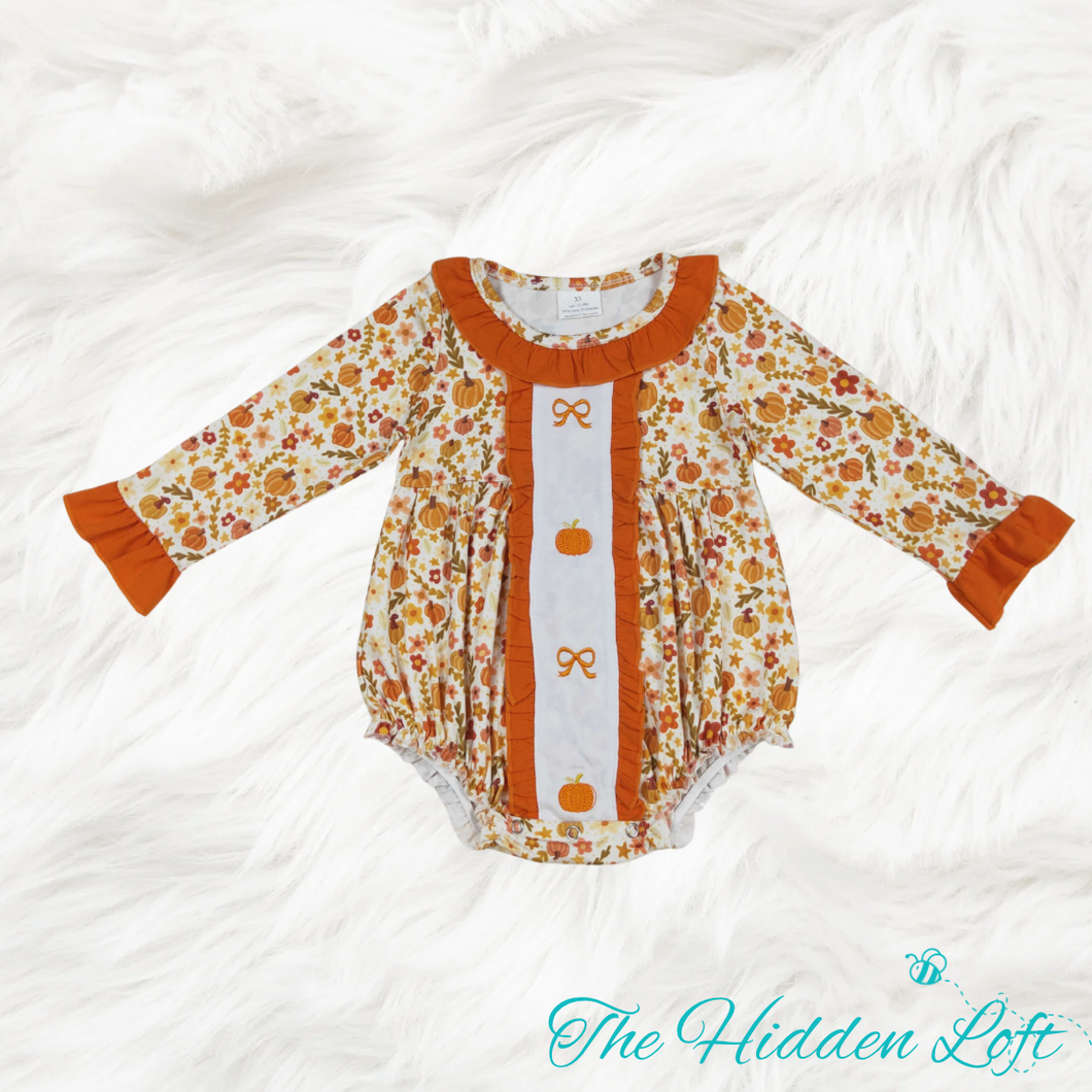 Embroidered Pumpkin and Bows Romper