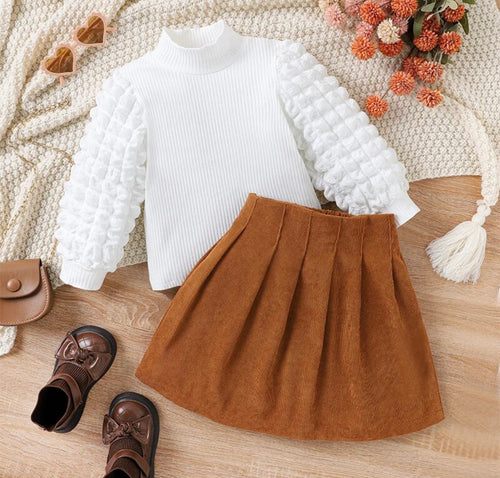 Bubble Sleeve Corduroy Skirt Outfit