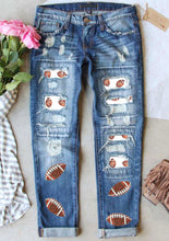 Load image into Gallery viewer, Distressed Sequin Football Jeans PREORDER