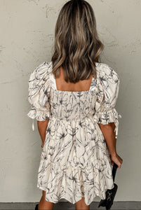 Cream Floral Puff Sleeve Dress