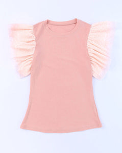 Dotty Mesh Ruffle Sleeve Ribbed Top