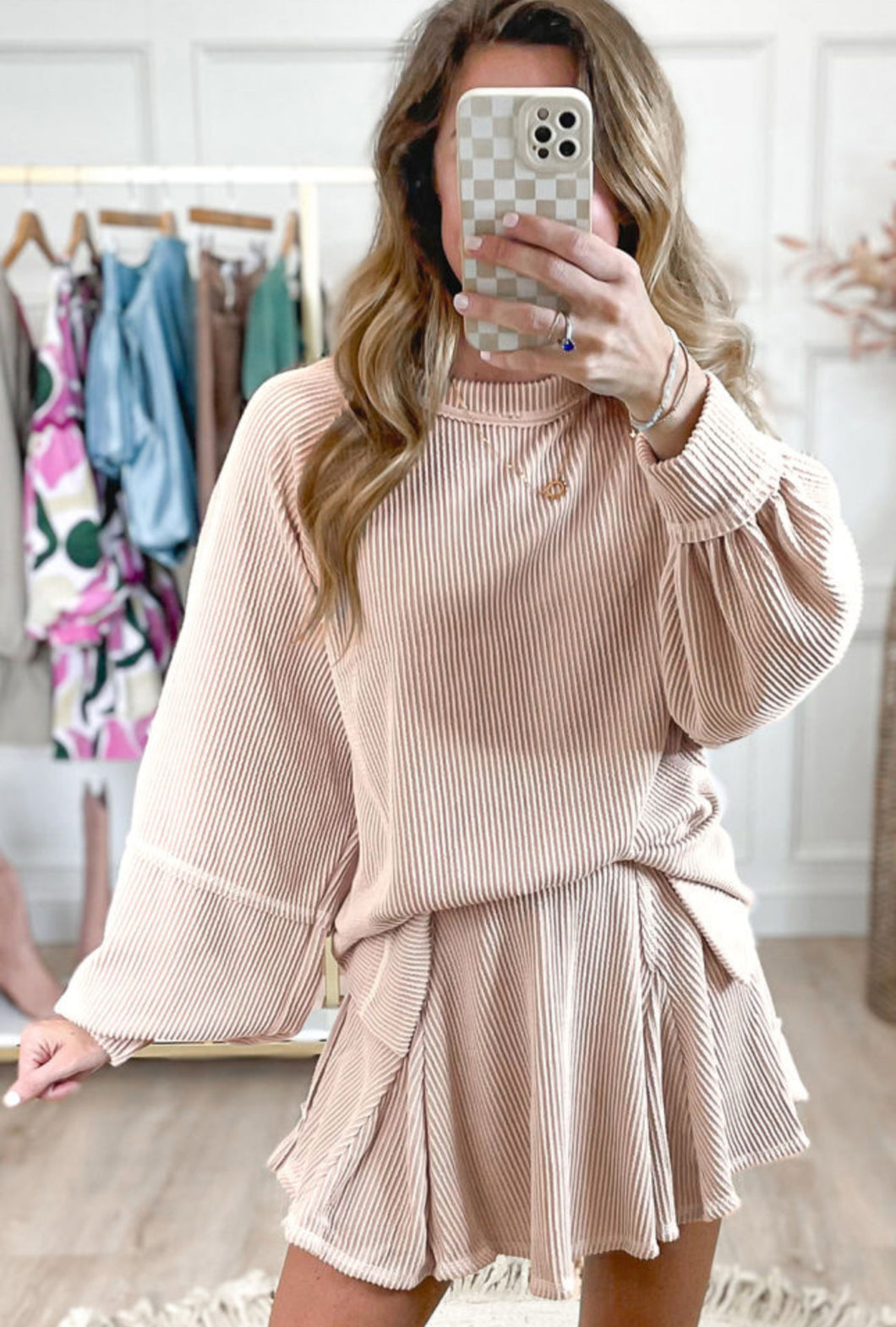 Beige Textured Skort Set