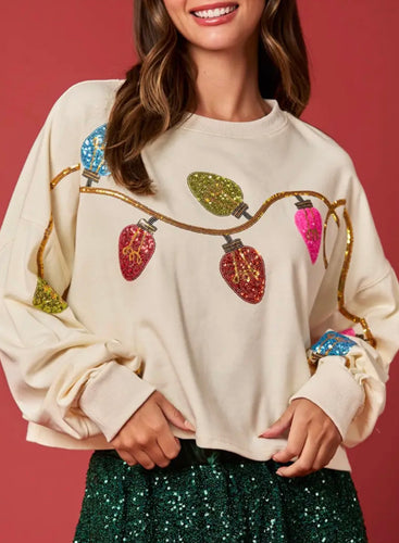Sequin Christmas Lights Cropped Sweatshirt- Cream