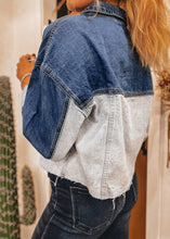Load image into Gallery viewer, Distressed Two Tone Denim Jacket