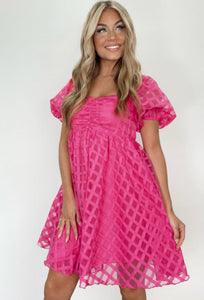 Pink Puff Sleeve Lattice Dress