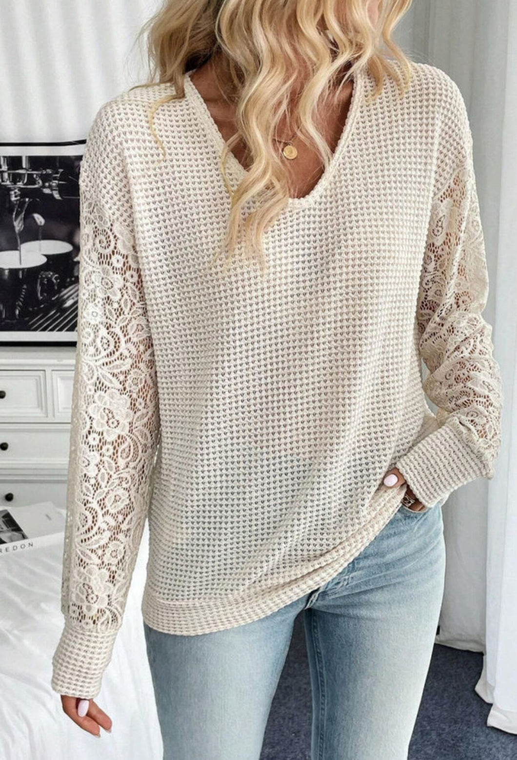 Lace Sleeve Waffle Top