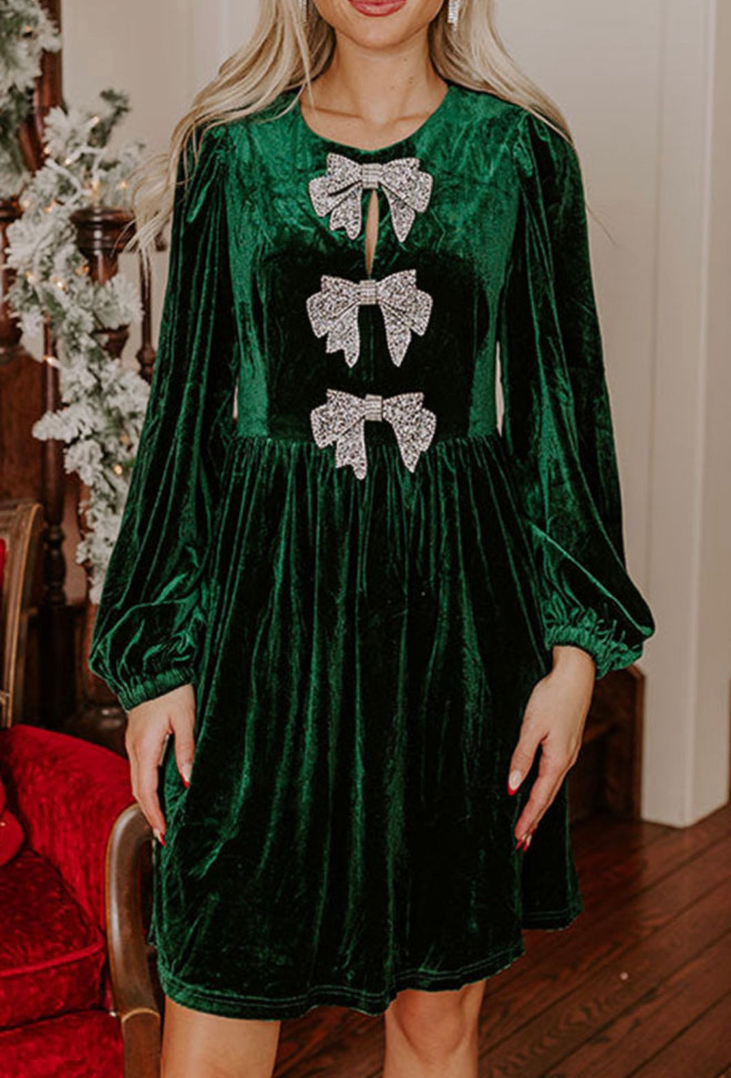 Green Velvet Holiday Bow Dress