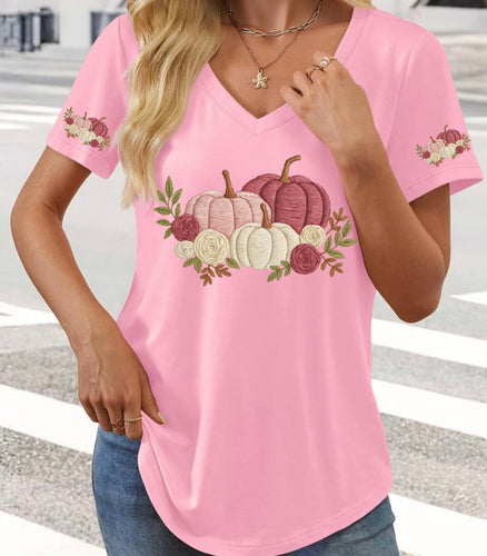 Faux Embroidered Pink Pumpkin V-neck