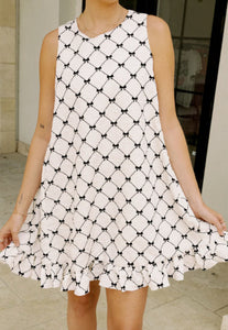 Bow Print Pearl Button Back Dress