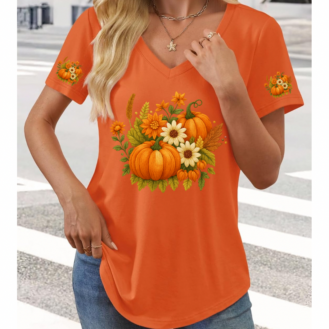 Faux Embroidered Orange Pumpkin V-neck
