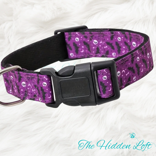 Purple Bats & Skulls Dog Collar