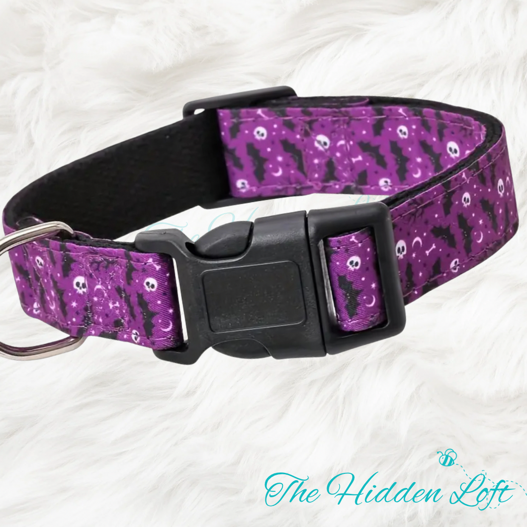 Purple Bats & Skulls Dog Collar