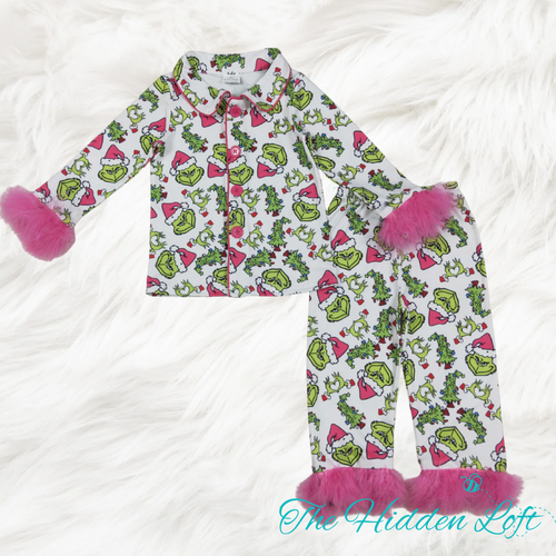 Girls Fur Trimmed Grinch Pajamas