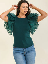 Load image into Gallery viewer, Ribbed Green Ruffled Sleeve Top