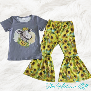 Cow Sunflower Bell Bottom Outfit