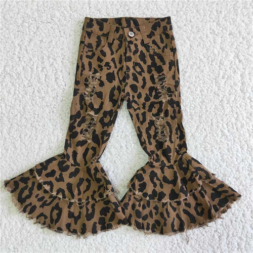 Girl’s Distressed Leopard Print Denim Bell Bottoms