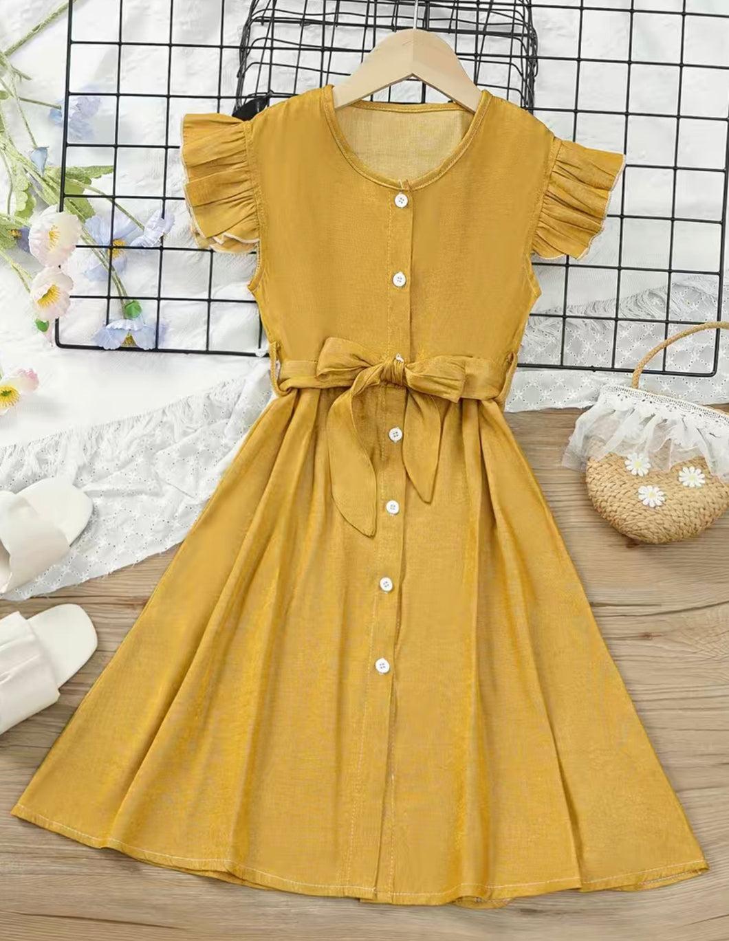 Golden Flutter Sleeve Dress