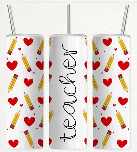 Hearts and Pencils Teacher Tumbler