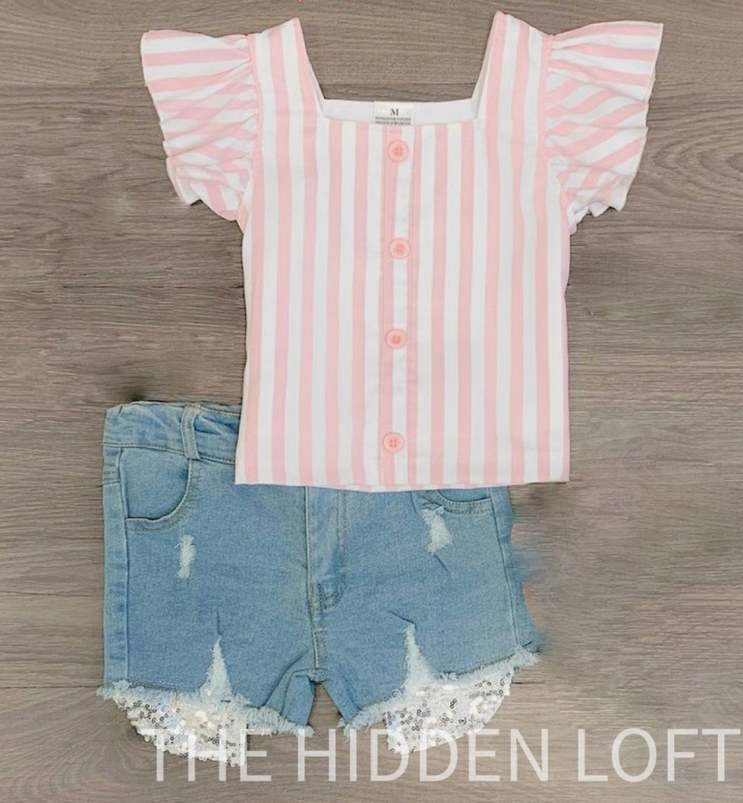 Pink Stripe Top & Denim Shorts Outfit