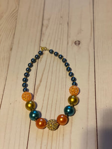 Denim Blue and Orange Bubblegum Bead Necklace