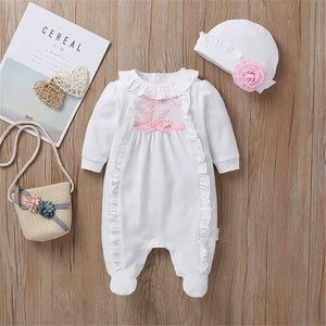 Baby Girl Footed Romper w/Hat - White