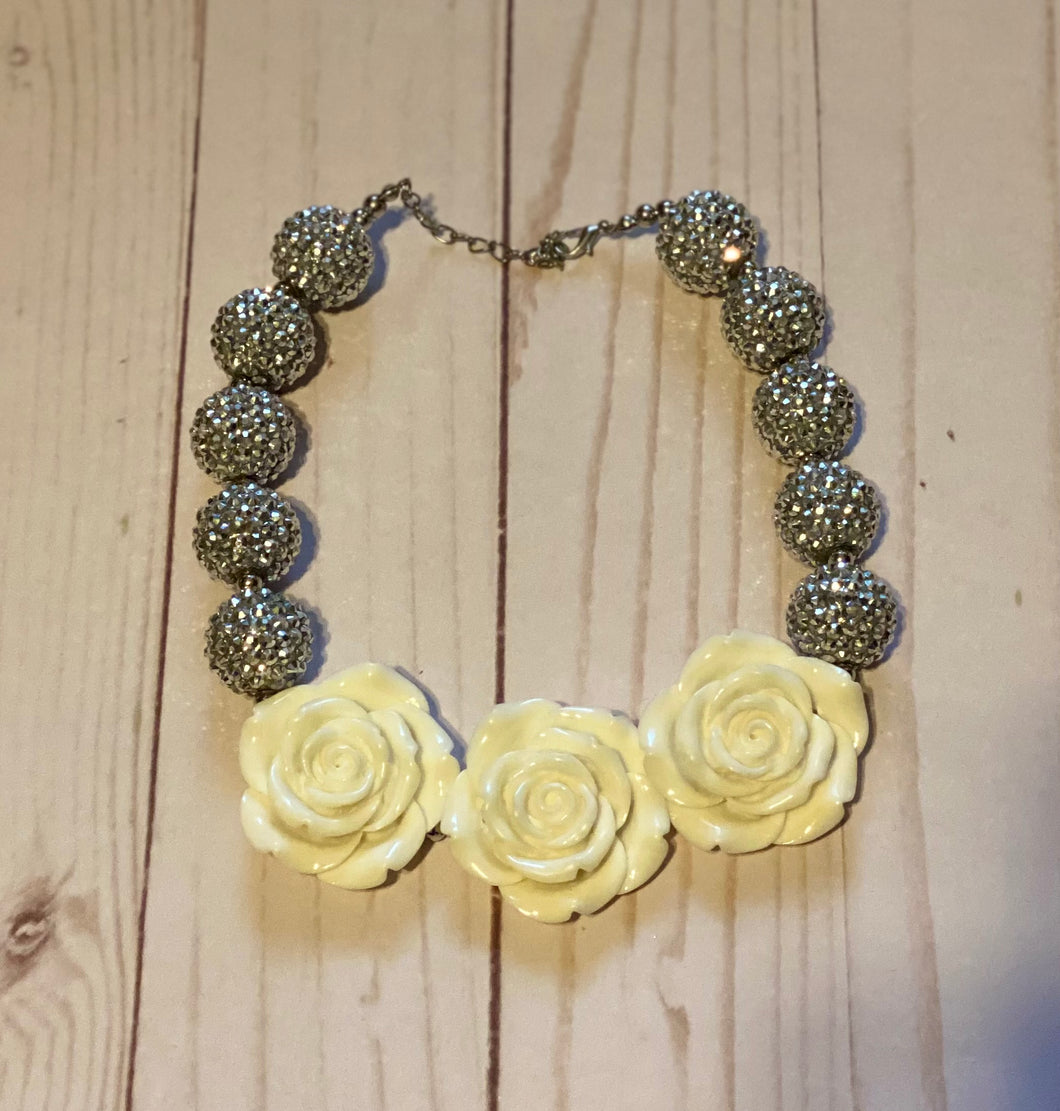 Rhinestone and White Flower Bubblegum Bead Necklace