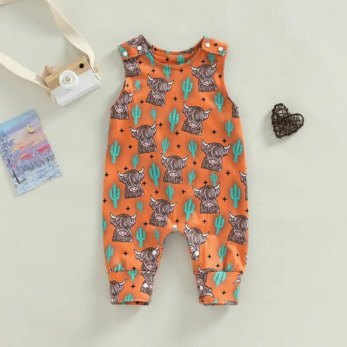 Orange Sleeveless Highland Cow Romper