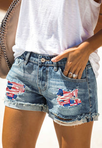 Flag Distressed Denim Shorts