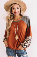 Load image into Gallery viewer, Orange Waffle Knit Leopard Bubble Sleeve Top