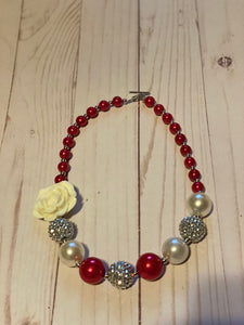 Red and White with Flower Bubblegum Bead Necklace