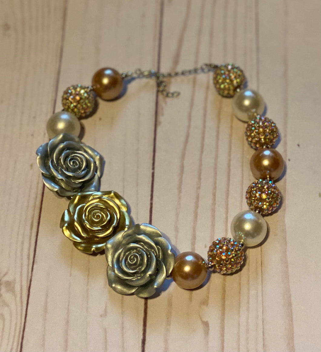 Silver and Gold Flower Bubblegum Bead Necklace
